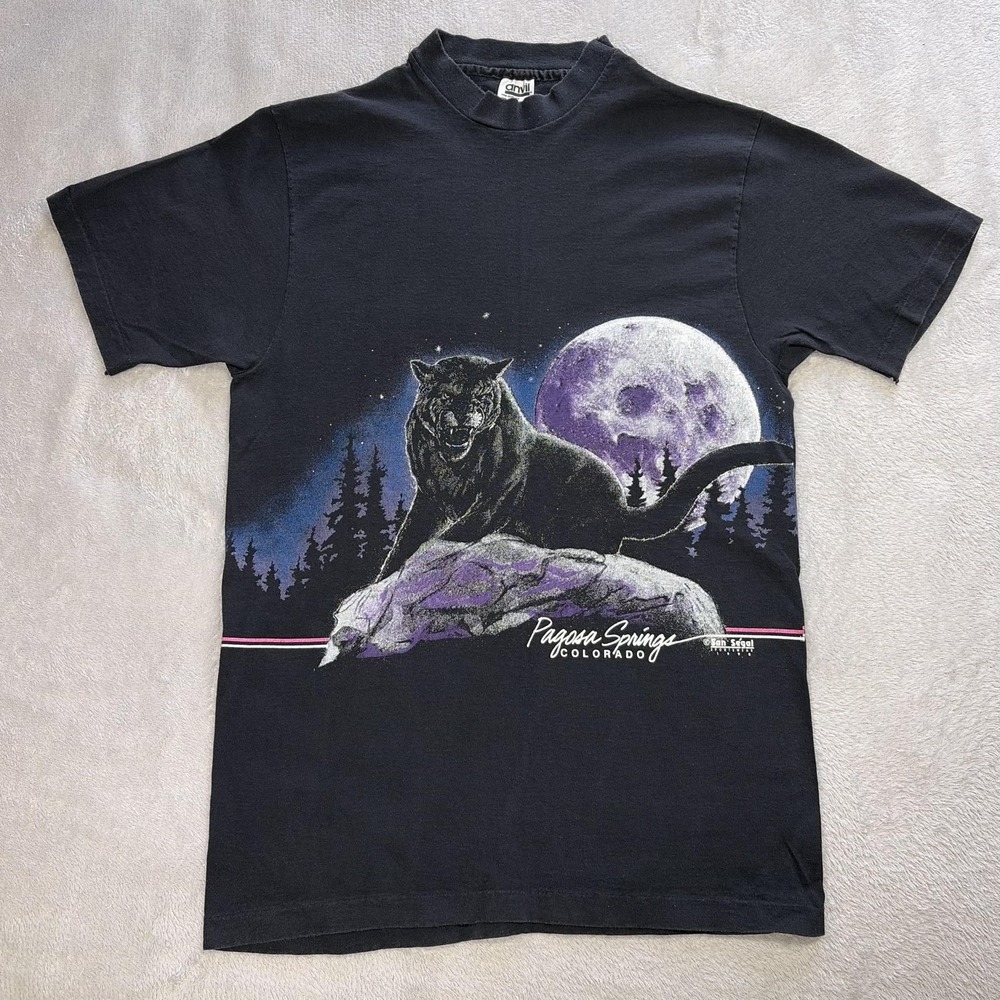 Vintage Pagosa Springs Colorado Shirt Mens Large Black Panther Moon 90s Anvil